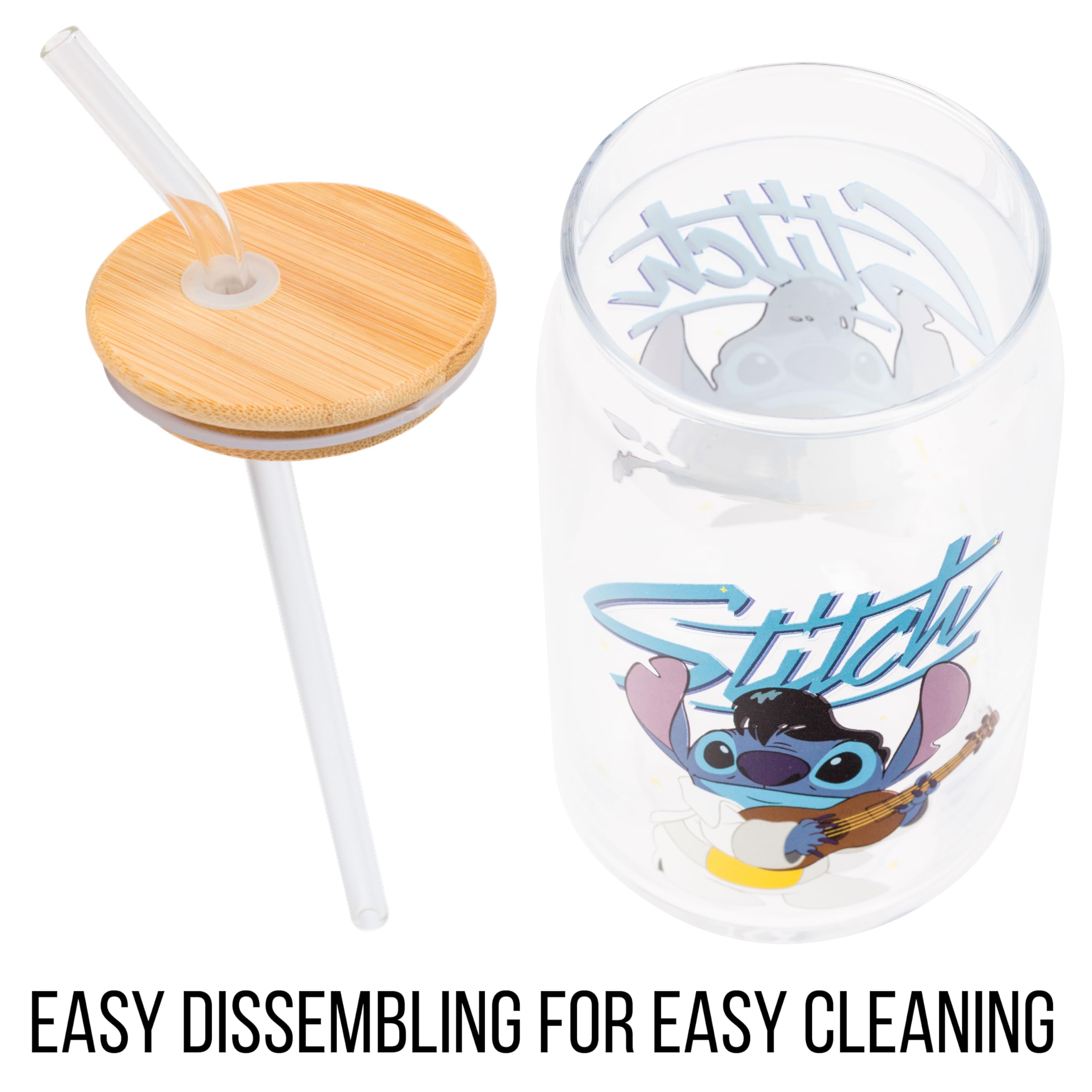 Silver Buffalo Disney Lilo and Stitch Glass Tumbler with Bamboo Lid and Glass Straw Featuring Stitch in an Elvis Costume, 16 Oun